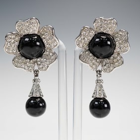 Crystal Flower Clip-On Earrings with Black Drop Accents