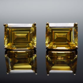 Pair of 14k Yellow Gold Emerald Cut Citrine Stud Earrings