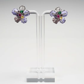 Pair of Sterling Silver Floral Rhinestone Earrings