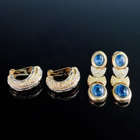 2 Pairs of Rhinestone and Cabochon Clip Earrings