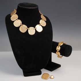 4pc Gold Tone Hammered Link Necklace, Bracelet, and Earrings Set