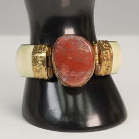 Hinged Bracelet with Red Stone Center and Carved Gold-Tone Details