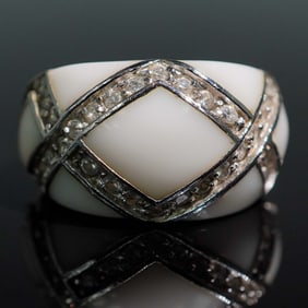 Sterling Silver and White Acrylic Ring with Crystal Accents