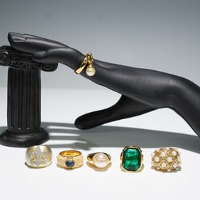 6pc Assorted Gold Tone and 14K GF Rings with Faux Pearl and Gem Accents