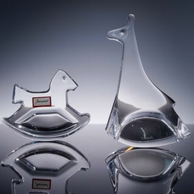2pc Baccarat Crystal Figurines, Rocking Giraffe and Rocking Horse