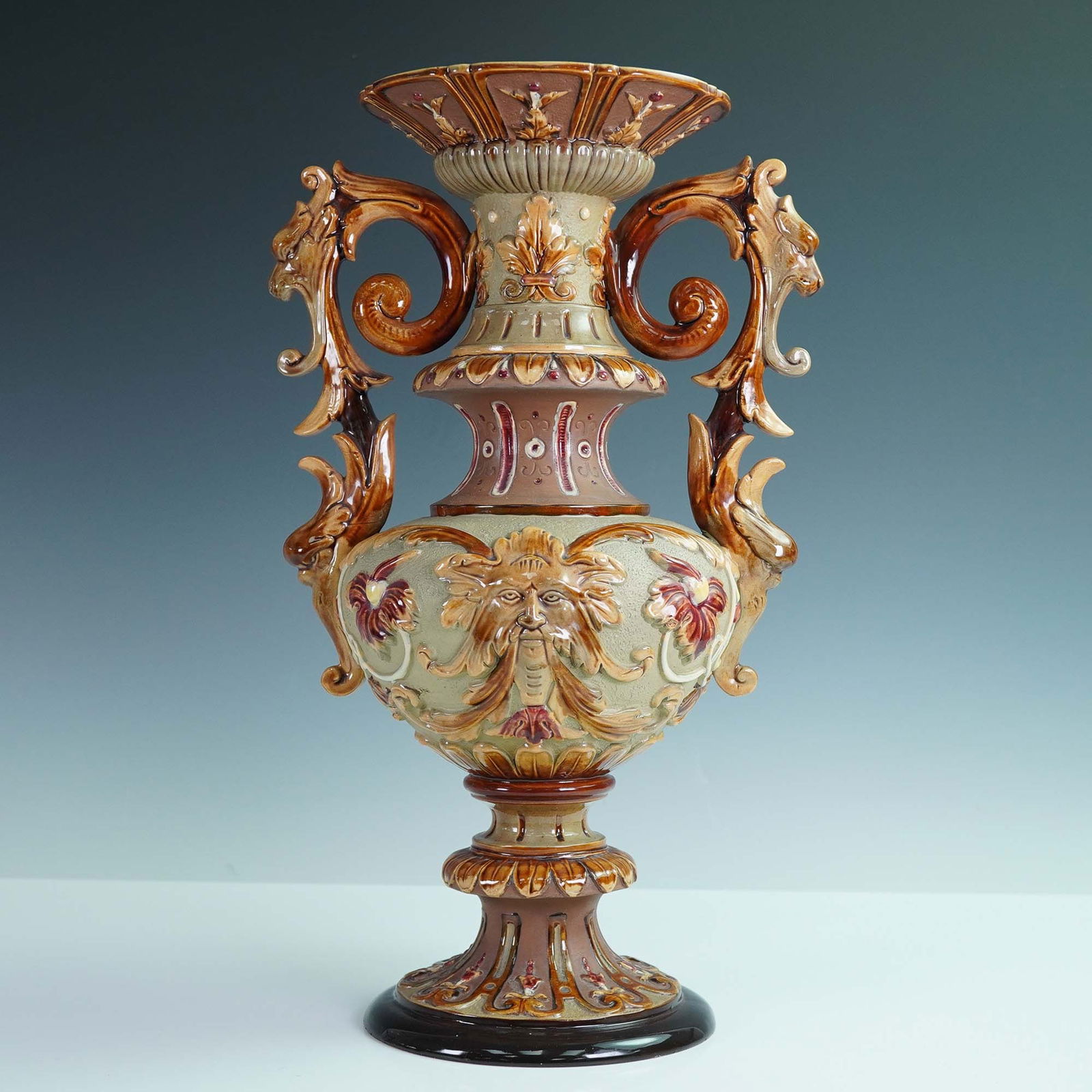 Wilhelm Schiller & Sons Majolica Twin-Handled Vase No. 2422
