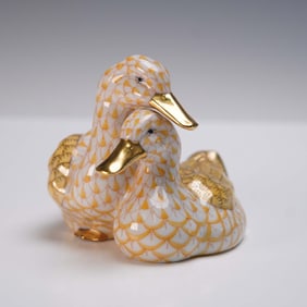 Herend Hungary Porcelain Paperweight, Fishnet Duck Pair