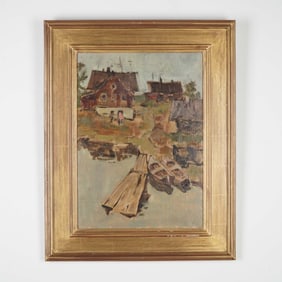 Gennadi Bernadski, Oil on Canvas Painting, Village Scene w/ Boats, Signed