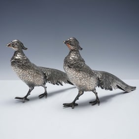 Pair of Decorative Silvered Metal Pheasant Figurines