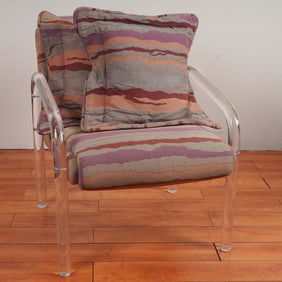 Postmodern Lucite Lounge Chair with Abstract Upholstery and Pillows