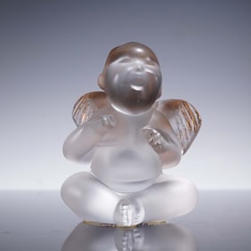 Lalique Crystal Cherub Figurine with Gold Accents