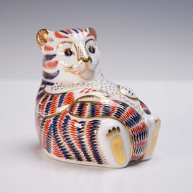 Royal Crown Derby China Paperweight, Seated Tiger