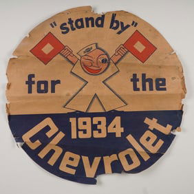Rare 1934 Chevrolet Circular Advertising Sign, Stand By Figure