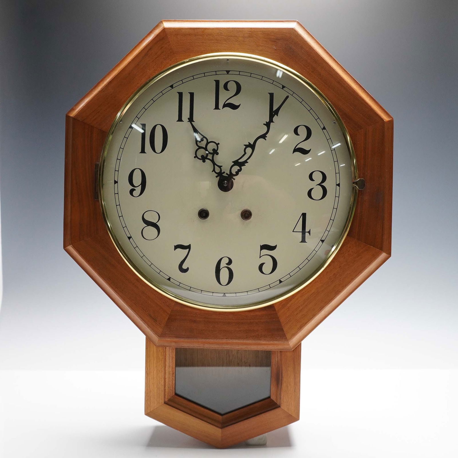 Vintage Octagonal Wooden Regulator Wall Clock with Pendulum and Key (1 of 5)