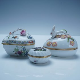 3pc Herend Porcelain Trinket Boxes, Heart, Egg, and Birds