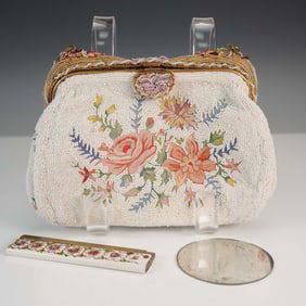3pc Marc Morgan Paris Floral Beaded Evening Bag with Accessories