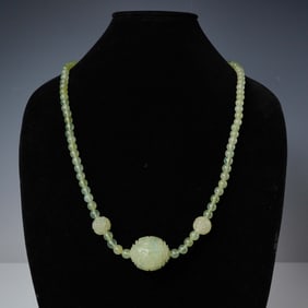 Carved Green Jade Bead Necklace
