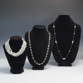 3pc Clear and White Beaded Necklaces with Gold and Silver-Tone Settings