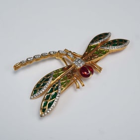 Landau Gold Tone Dragonfly Brooch with Enamel and Rhinestones