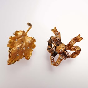 2pc Brooch Lot, 14K Gold Leaf with Diamonds & Enamel Bow with Diamond