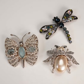 3pc Garden Friends Rhinestone Brooch Lot