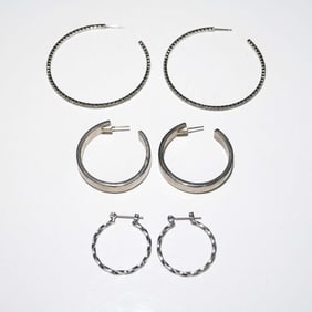 3 Pairs Silver Tone Hoop Earrings Including Rhinestone and Textured Styles