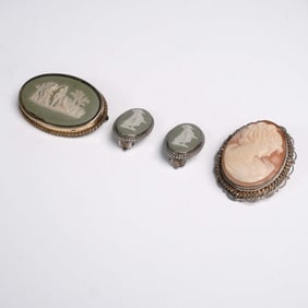 4pc Wedgwood & Shell Cameo Pins and Earrings