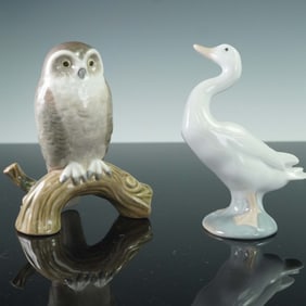 2pc Lladro Porcelain Figurines, Barn Owl 1005421 and Little Duck 1004552