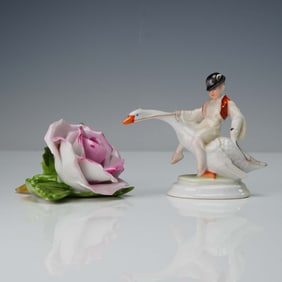 2pc Herend Porcelain Figurines, Boy on Goose and Rose