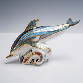 Royal Crown Derby Porcelain Paperweight, Striped Dolphin with Box