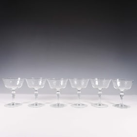 6pc Etched Crystal Coupe Glasses with Faceted Stems