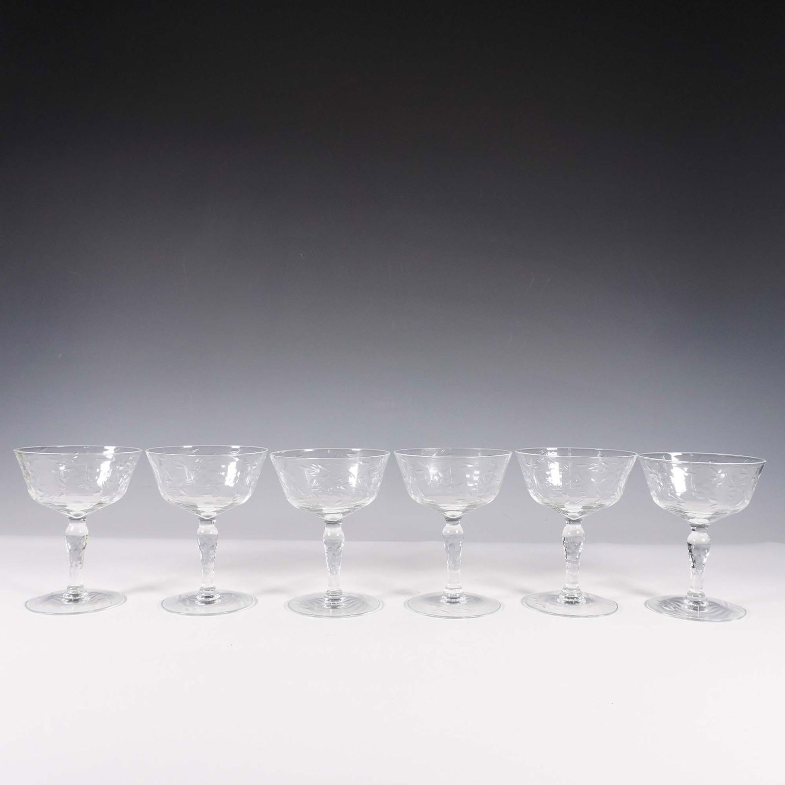 6pc Etched Crystal Coupe Glasses with Faceted Stems (1 of 3)