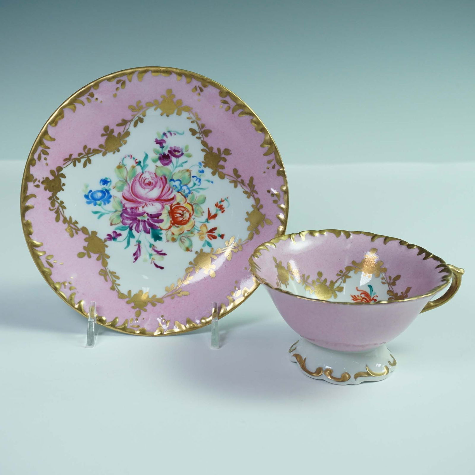2pc D.T. Limoges Pink and Gold Floral Porcelain Teacup and Saucer Set (1 of 4)