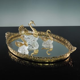 4pc Ormolu Brass Swan Salt Cellars with Mirrored Tray