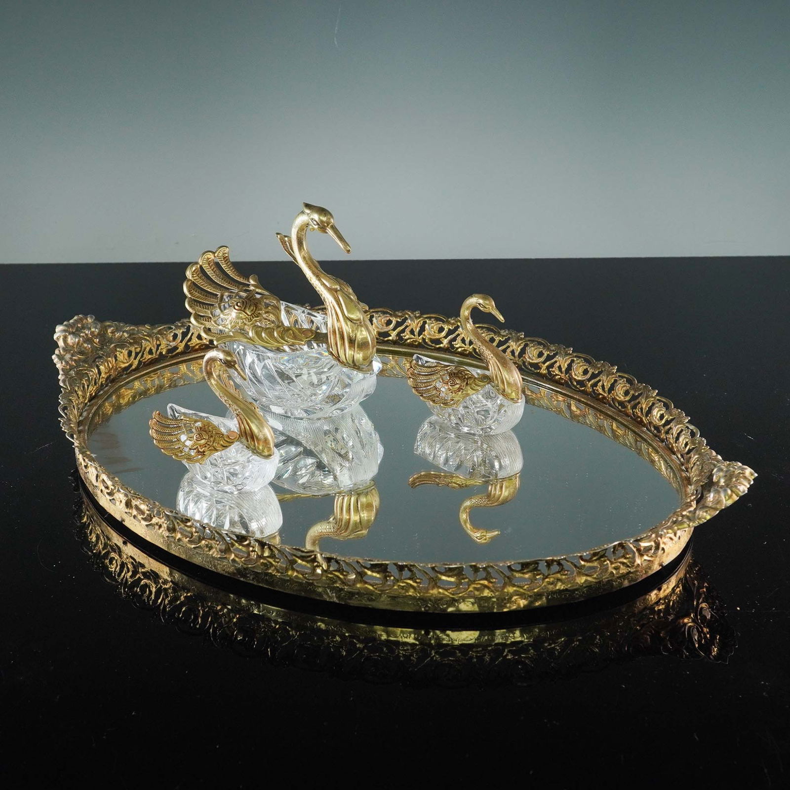 4pc Ormolu Brass Swan Salt Cellars with Mirrored Tray (1 of 10)