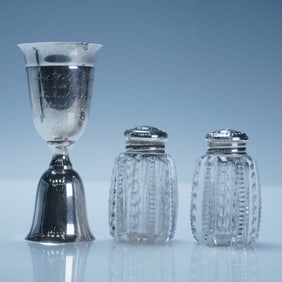 3pc Sterling and Glass Shakers with Boardman Jigger