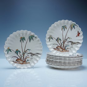 10pc Copeland Aesthetic Movement Scalloped Heron Plates