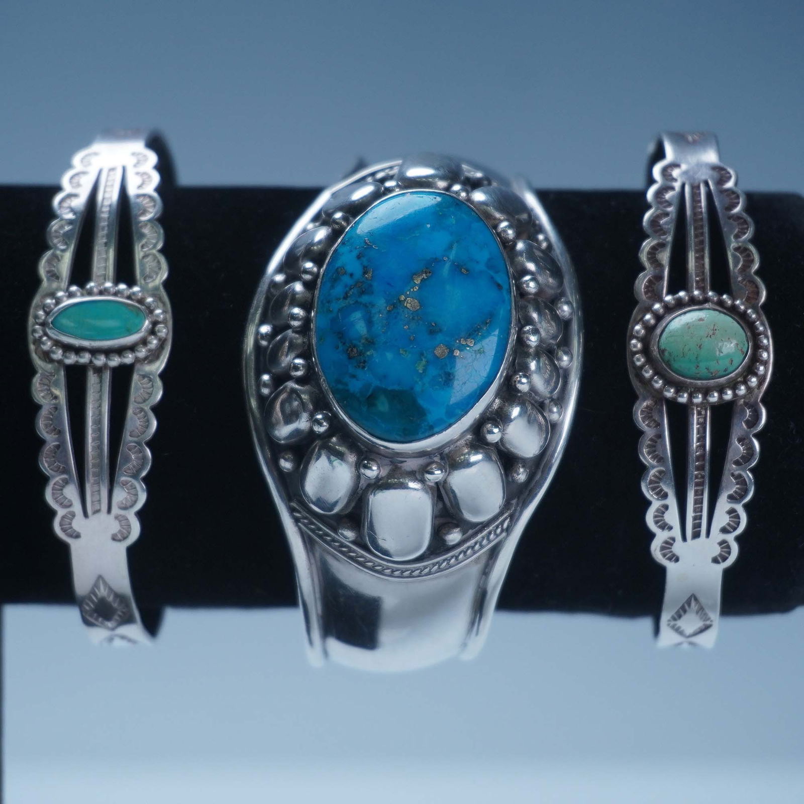 3pc Navajo Style Sterling Silver Cuff Bracelets with Turquoise (1 of 4)