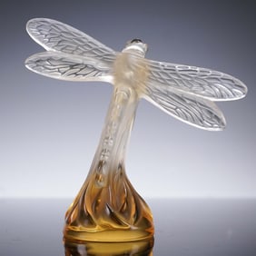 Lalique Amber-Gold Crystal Dragonfly Figurine