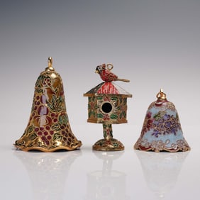 3pc Cloisonne Ornament Lot, Bells and Birdhouse