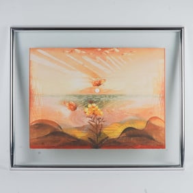 Suzanne Pirotte, Color Etching of Butterfly and Blooming Flower, Signed