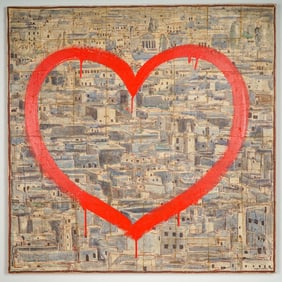 Urban Landscape with Red Heart Graffiti, Mixed Media, Signed & Dated
