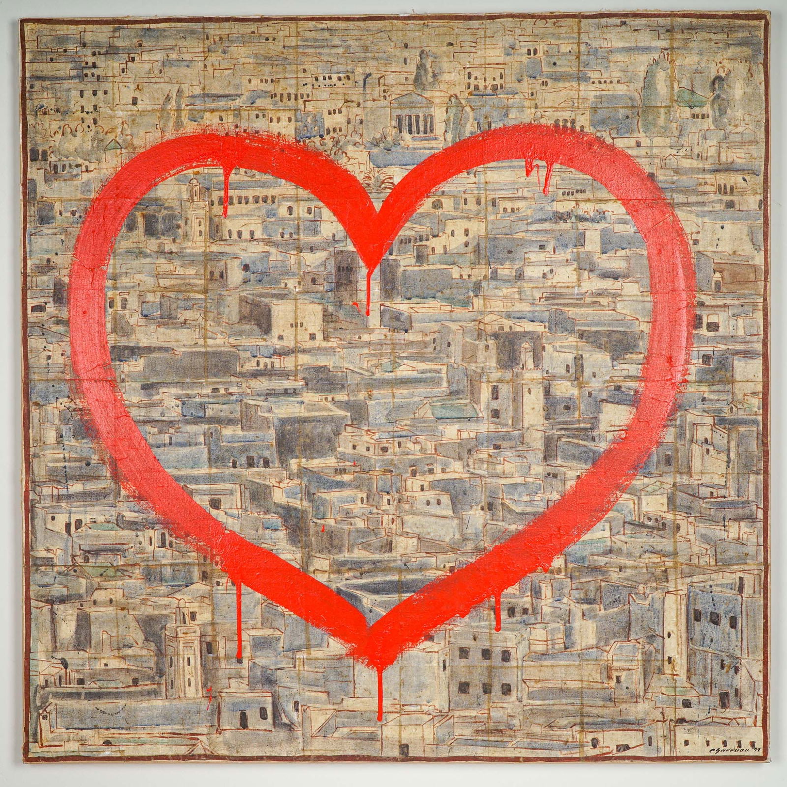 Urban Landscape with Red Heart Graffiti, Mixed Media, Signed & Dated (1 of 4)