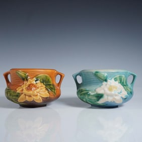 2pc Roseville Pottery Jardiniere Vases, Water Lily