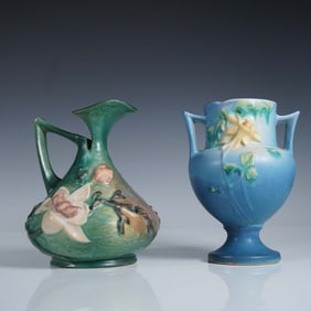 2pc Roseville Pottery Vases, Magnolia and Columbine