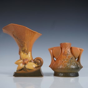2pc Roseville Pottery, Clematis Cornucopia Vase and Flower Frog