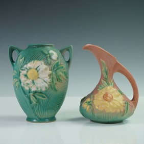 2pc Roseville Pottery, Green Peony Vase and Peony Ewer