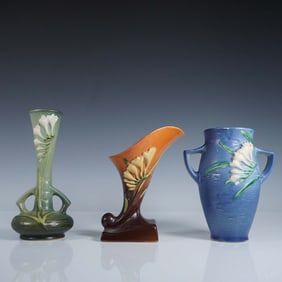 3pc Roseville Pottery Freesia Vase Collection, 117-6, 195-7, 197-6