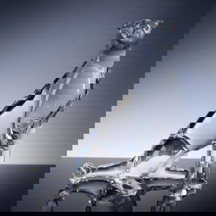 Baccarat Loet Vanderveen Crystal Figurine, Cheetah: Exquisite crystal figure by Loet Vanderveen, designed with sleek modern lines and finely sculpted form. The clear crystal showcases the fluid musculature and graceful posture of the animal in a poised