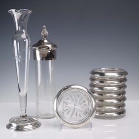 10pc Glass and Silver Toned Tableware Set, Coasters, Vase, Apothecary Jar